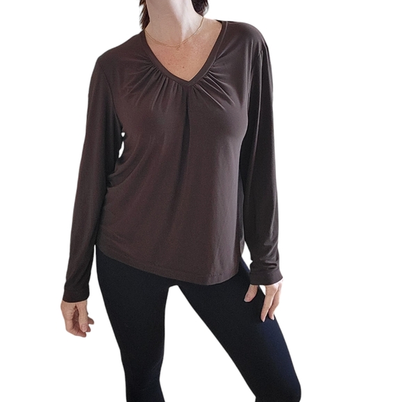 CDI New York Chocolate Brown Gathered V-neck Blouse - Picture 1 of 7